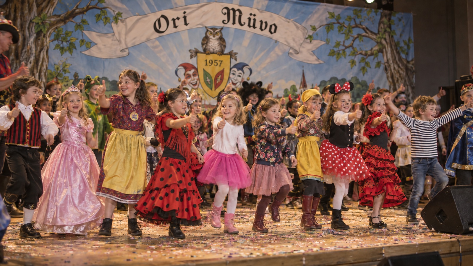 Kinder in Häs und Kostümen auf der Bühne beim Kinderfest